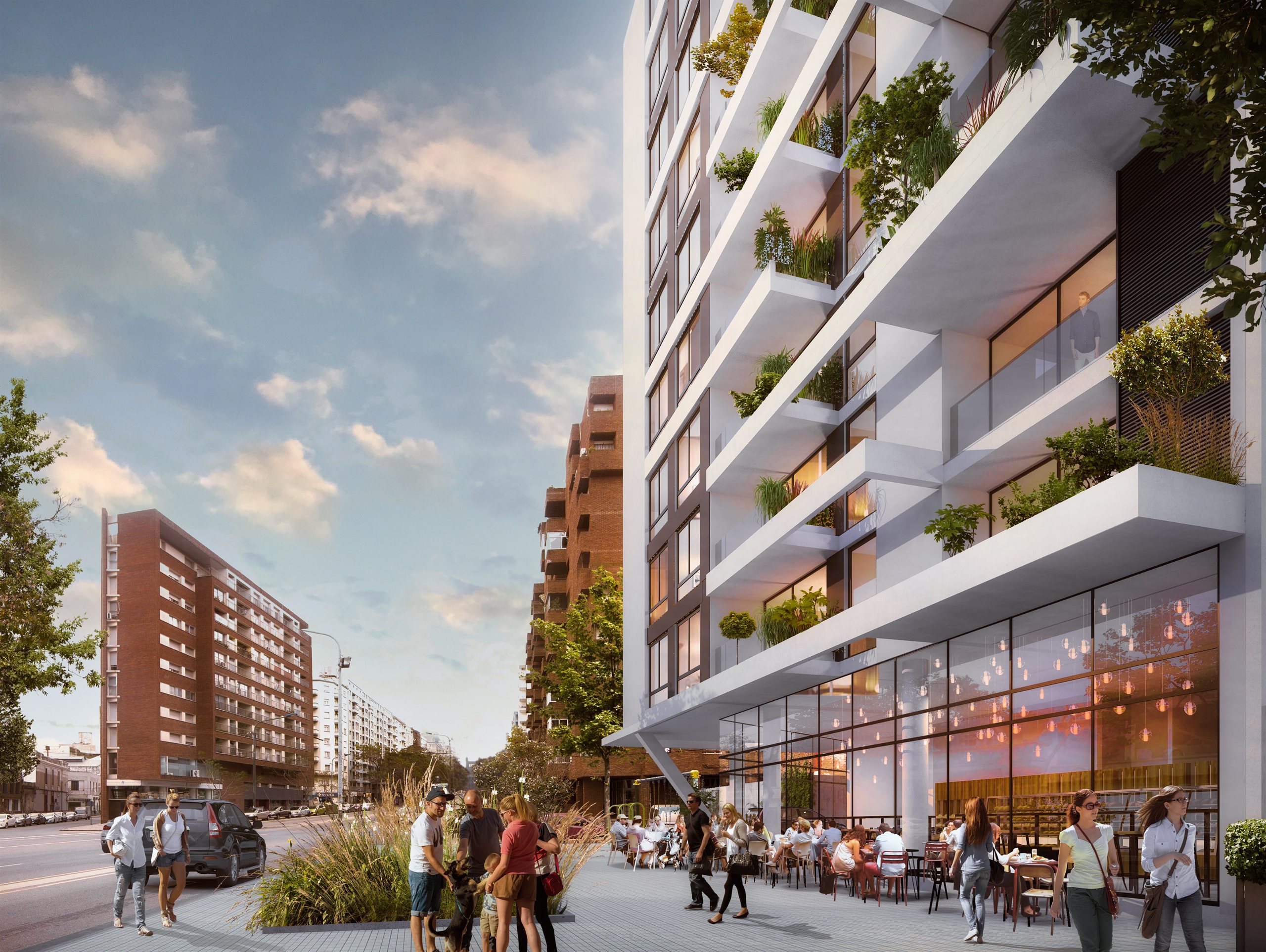 01 Libertador — render principal del edificio en esquina con fachadas verdes