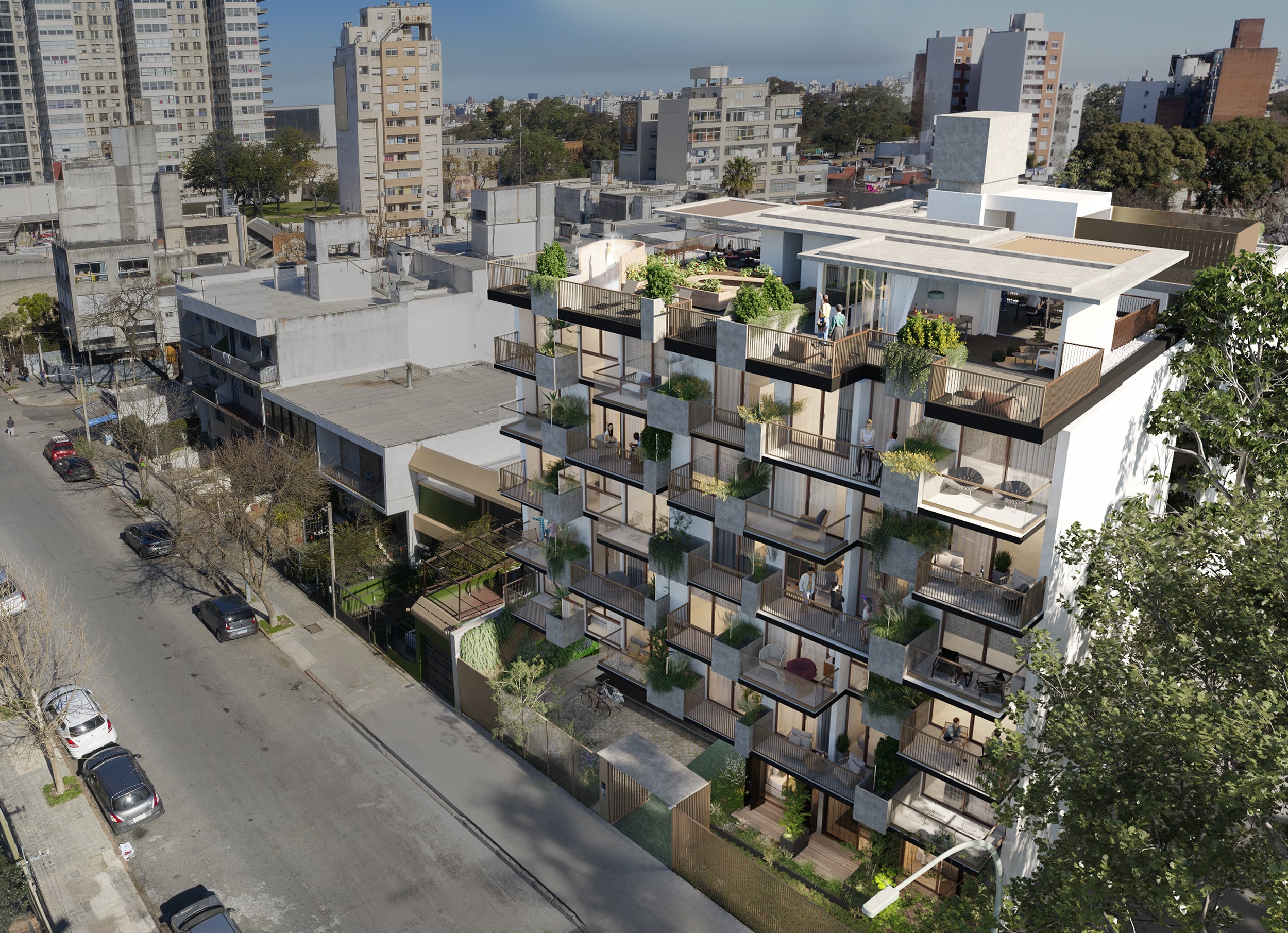 01 Vila — vista aérea de la fachada con jardineras en La Blanqueada