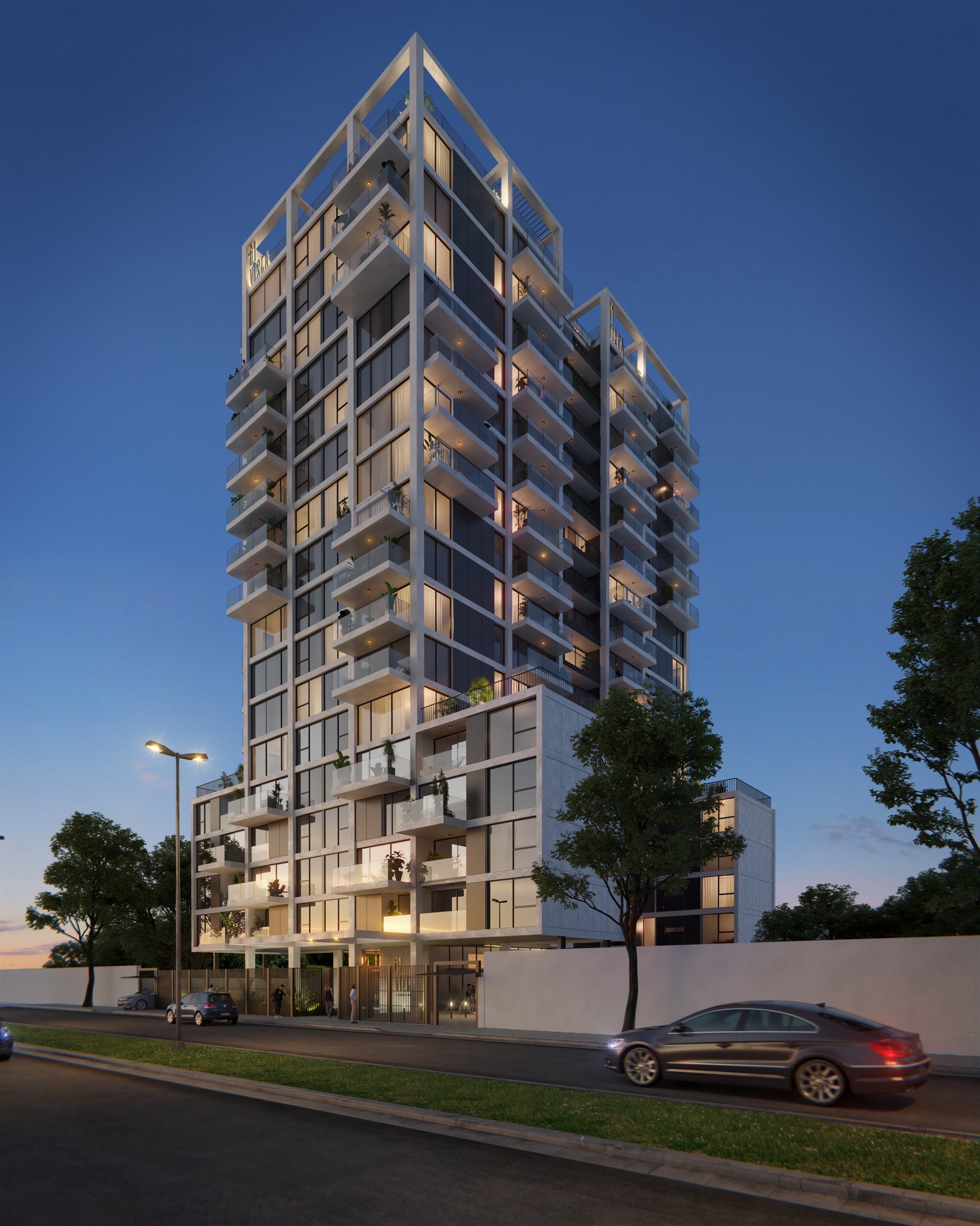01 Vista — render principal de la torre de 176 apartamentos en La Blanqueada, Montevideo
